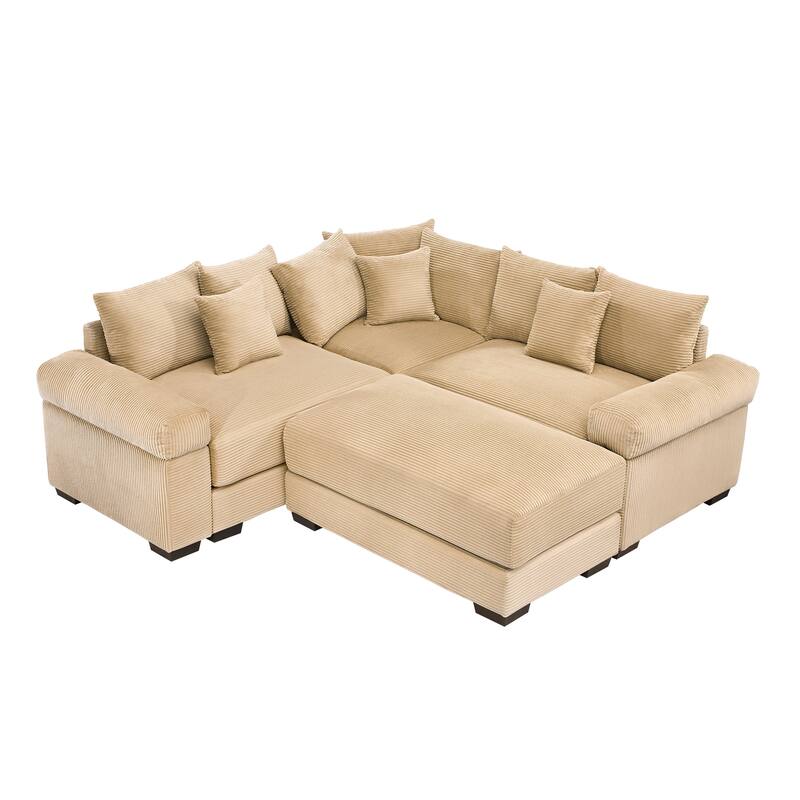 GDFStudio - Corduroy 3-Seater 79.1" Cloud Modular Sectional Couch with Ottoman