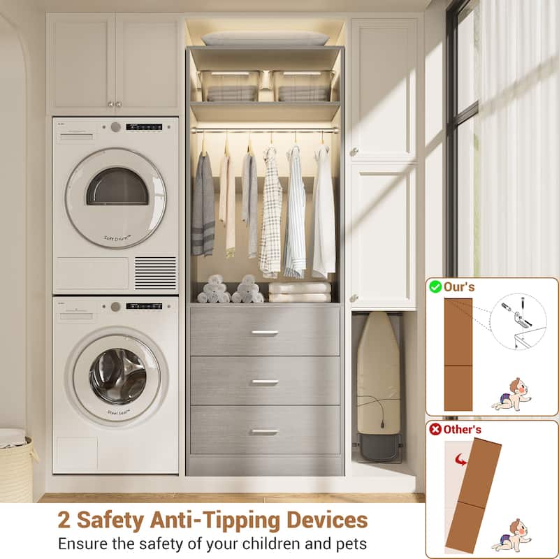 Kyrvo Freestanding Closet Sytem with 3 Wooden Drawers and Hanging Rod and Storage Shelf, Walk-in Closet Organizer Wardrobe