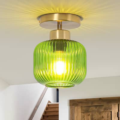 5.9" Wide Vintage Gold Semi Ceiling Light Flush Mount with Green Glass - D 5.9" x H 7.7"