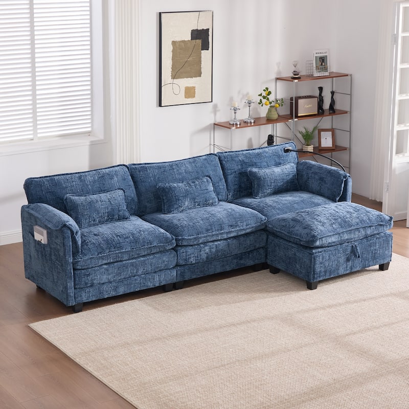HOMEFUN Chenille Upholstered L-shaped Phone Holder Modular Sectional Sleeper Sofa with Movable Storage Ottoman - Navy Blue