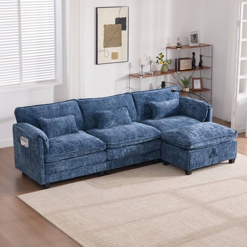 Modern Chenille Chaise Couch L-shaped Sectional Sofa with Storage Ottoman, Phone Holder, USB/Type-C Ports and Side Pockets - Navy