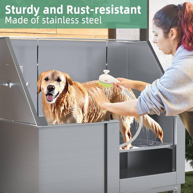 Professional Stainless Steel Dog Washing Station Pet Grooming Bath Tub w/ Ramp