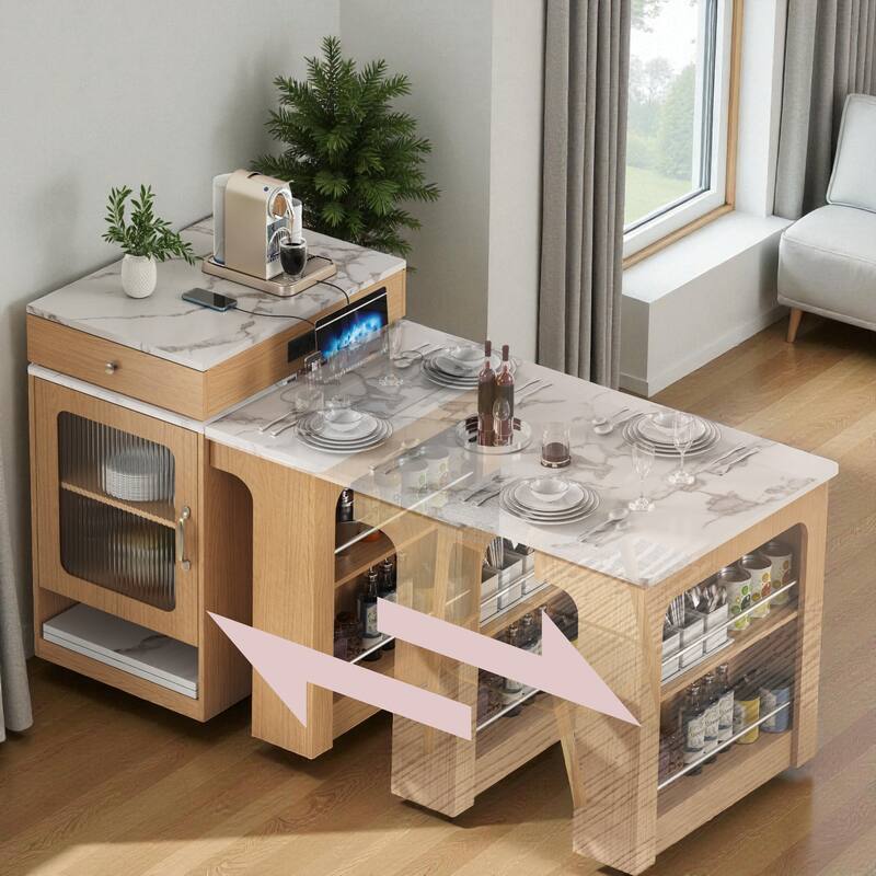 59.5" Kitchen Island with Extendable Table, Double-Sided Storage, Power Outlet, Drawers and Shelves