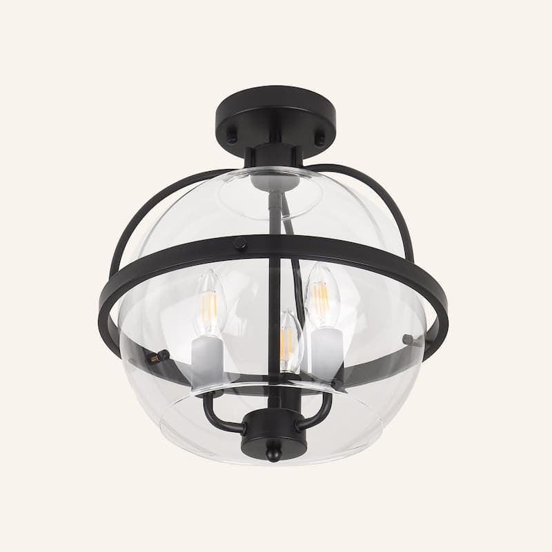 3-Light Industrial - Style Black - Framed Clear Glass Globe Flush Mount Ceiling Light - Matte Black