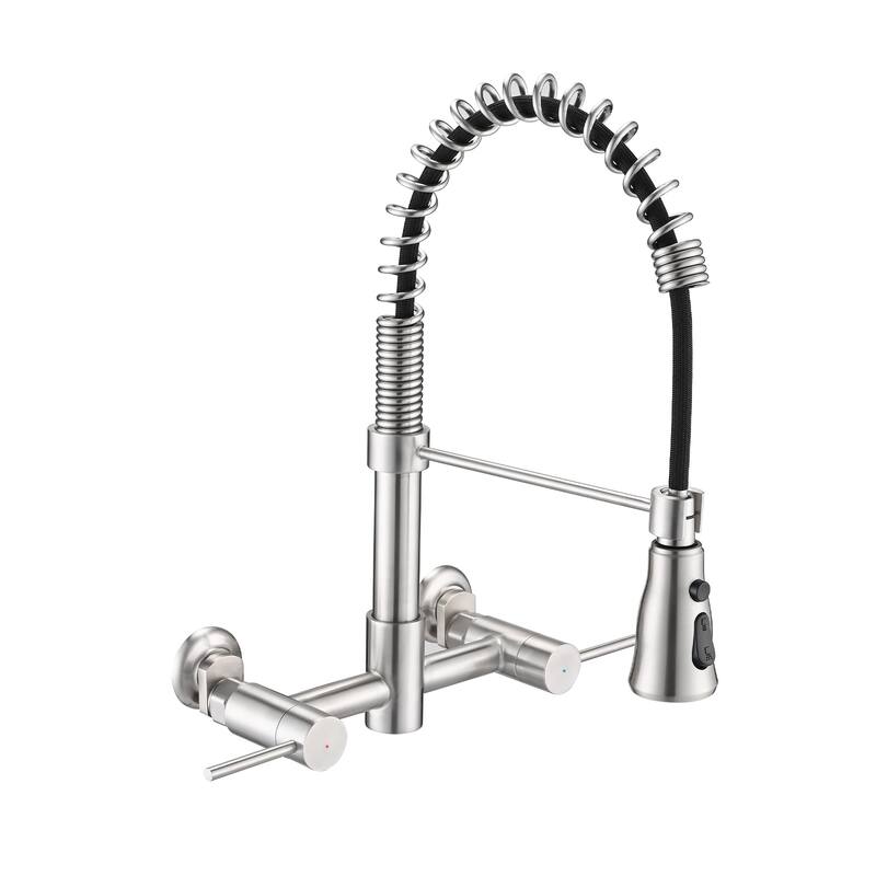 PROOX Double Handle Kitchen Faucet with Pull Out Sprayer Wall Mounted