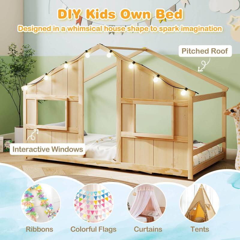 Costway Twin Size House Floor Bed with LED Lights Solid Wood Bed Frame