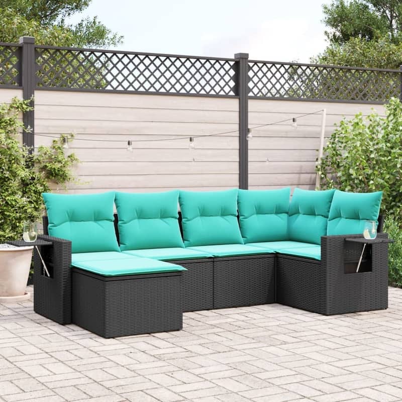 vidaXL 6 Piece Patio Sofa Set with Cushions Black Poly Rattan - 21.7x27.2x24.4-Without table