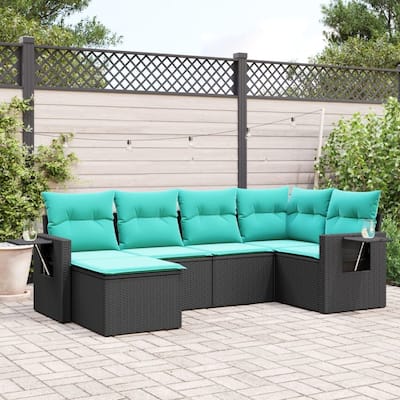 vidaXL 6 Piece Patio Sofa Set with Cushions Black Poly Rattan - 21.7x27.2x24.4-Without table