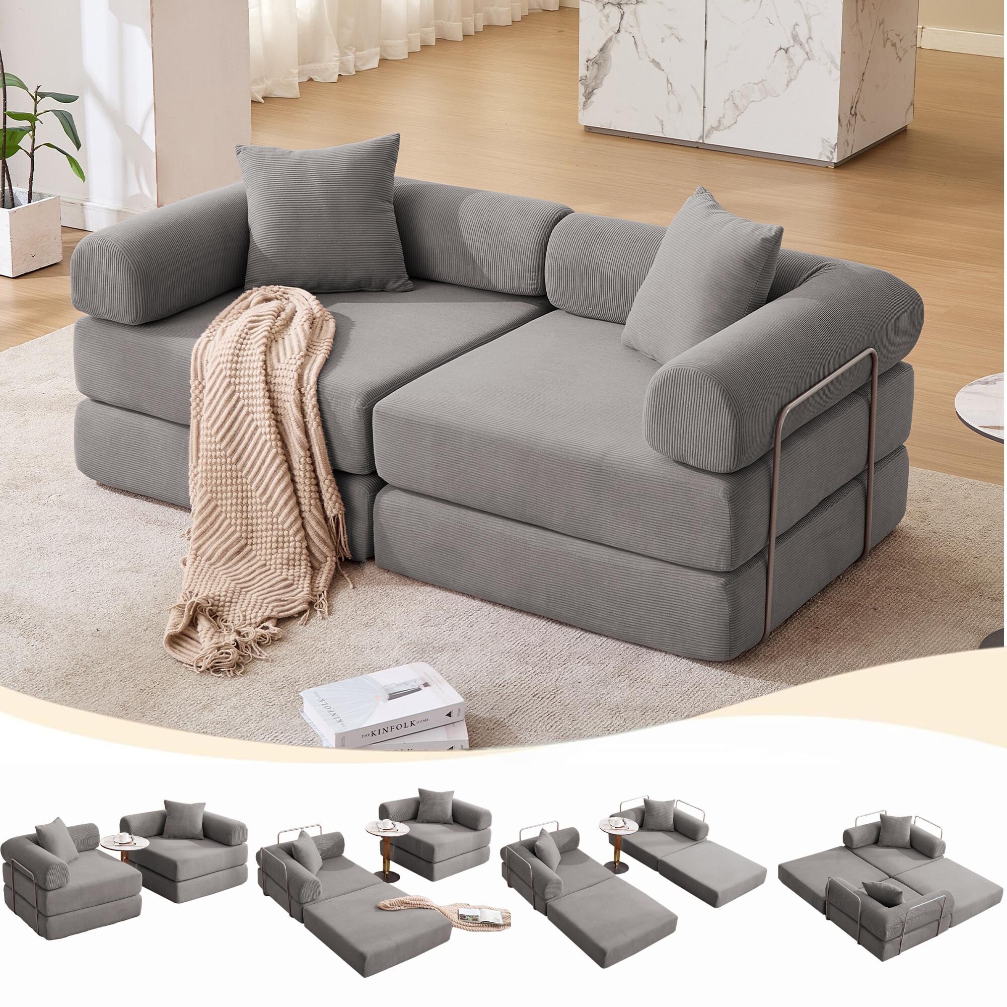 Convertible Modular Sectional Sofa Bed with Fixed-Shape Frame and Removable Armrests, Folding Mattress Couch for Apartment