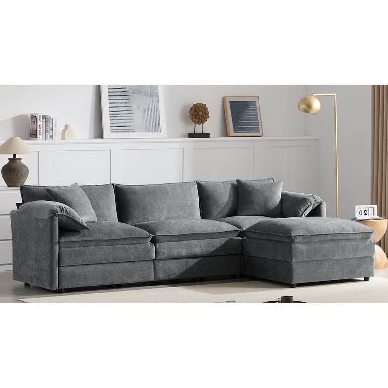 Chenille Modular Sectional Sofa, L Shaped Upholstered Cloud Couch Set, Oversized 4 Seat Sofa with Movable Ottoman