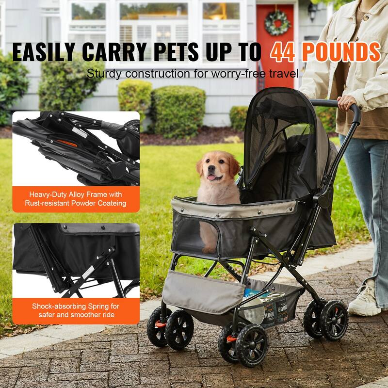 Pet Stroller with Breathable Mesh Windows and Height-Adjustable Height