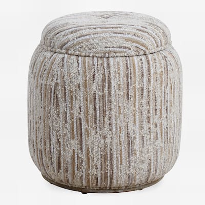 Striped Storage Pouf Ottoman with Wood Base - 18" - Cream and Brown