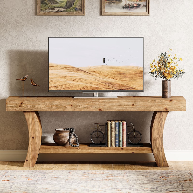 63" Solid Wood TV Stand Low Storage Entertainment Center for Living Room - Brown