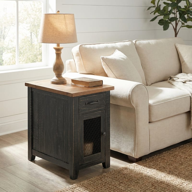Rustic Solid Wood Chairside End Table with Hidden Charging Station - Black with Driftwood Top