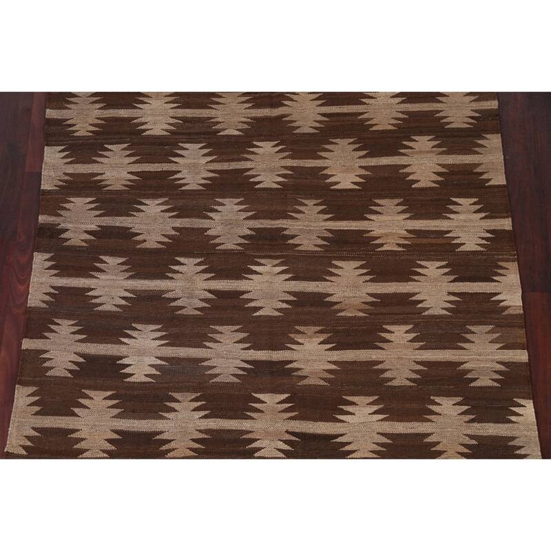 Natural Dye Brown Kilim Oriental Area Rug Wool Hand-woven Foyer Carpet - 5'3" x 6'8"