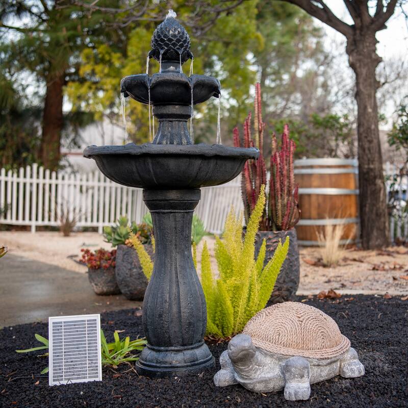 44" H Fiberglass/Resin 2-Tier Solar Water Fountain w/ Solar Panel and Auto-Shut Off Pump, Two Tiered Birdbath Fountain