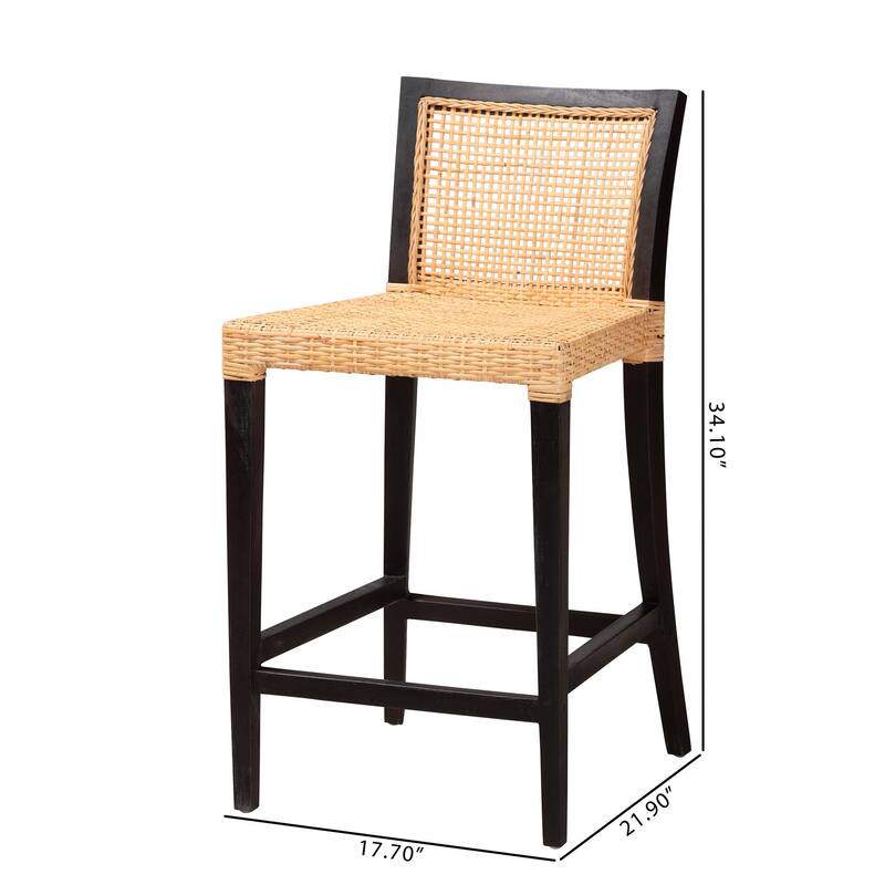 Lingga Modern Bohemian Dark Brown Mahogany Wood and Natural Rattan Counter Stool