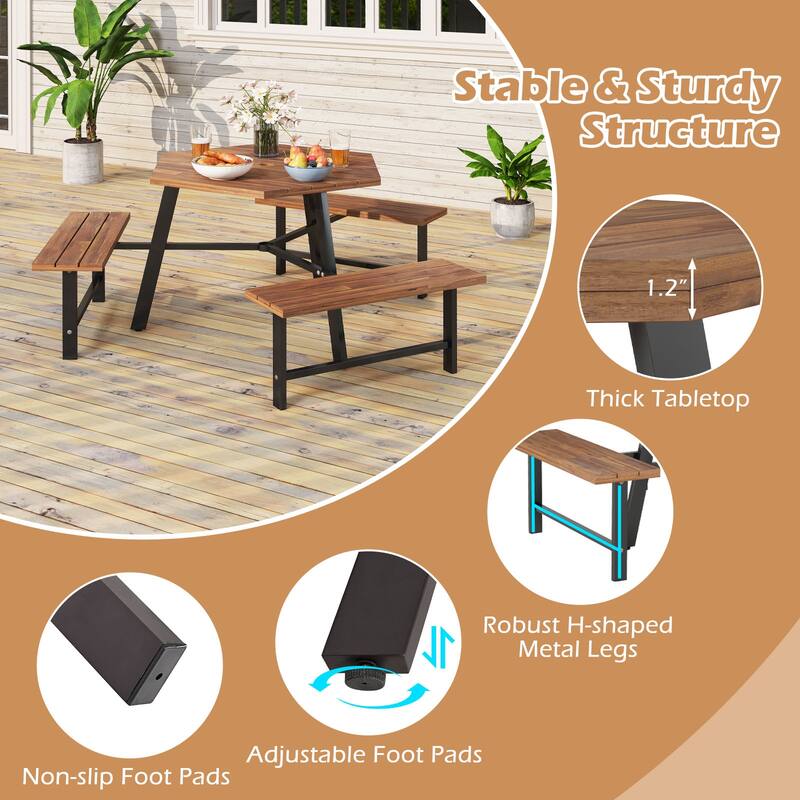 Gymax 6 Person Acacia Wood Picnic Table Bench Set w/3 Seats Umbrella