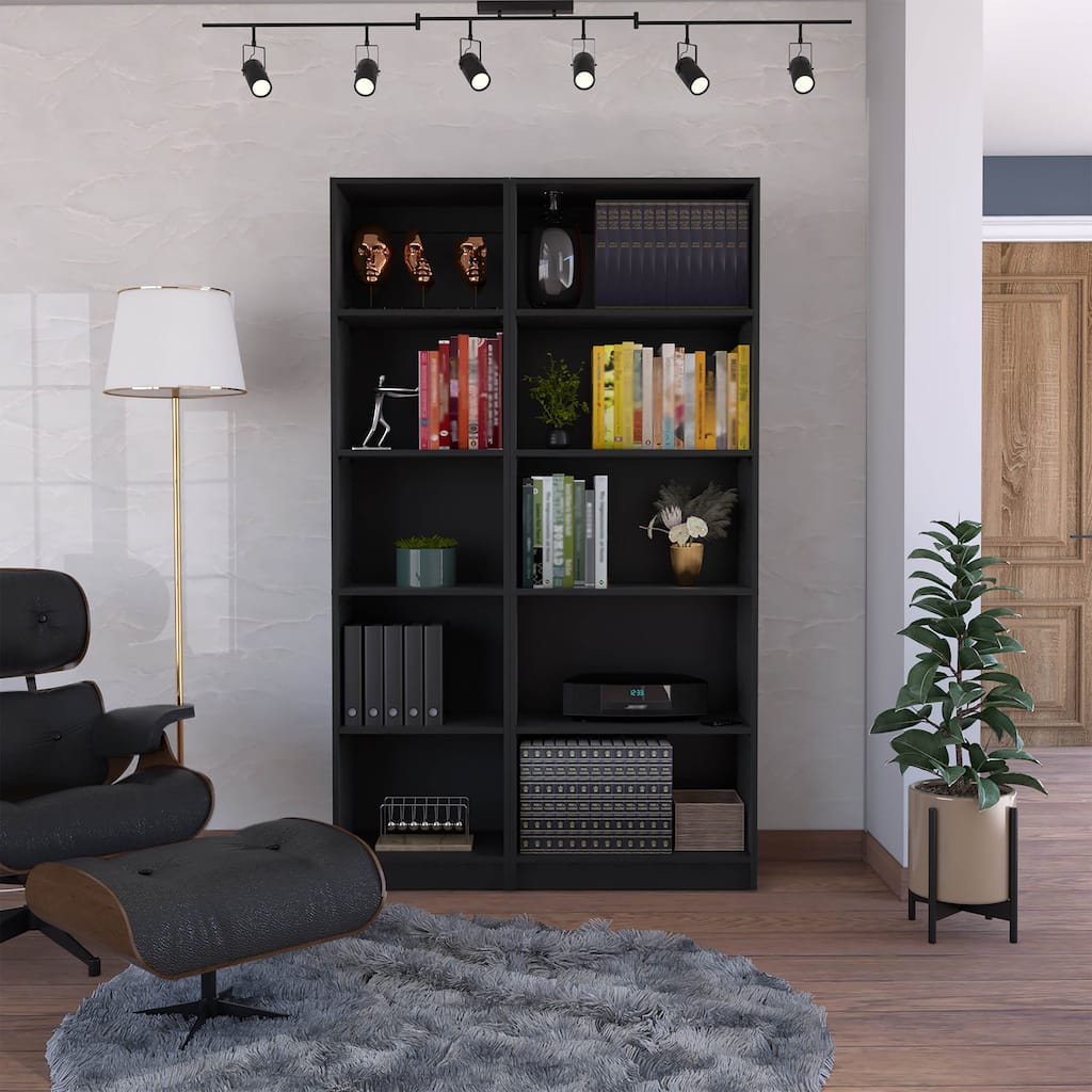 FM FURNITURE Sunnyside 2 Piece Living Room Set with Sutton 4 Shelves Bookcase + Sutton Slim Bookcase, Black