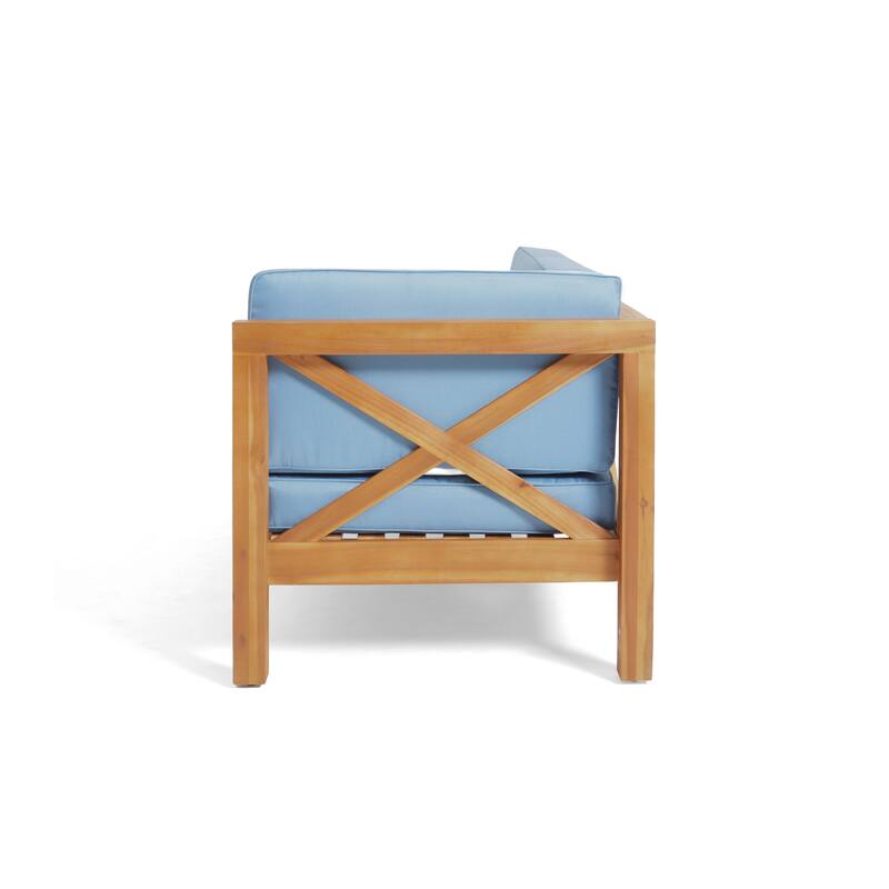 Roomfitters Outdoor Sectional Sofa Right Corner Bench with X-Back Acacia Wood Frame and Cushions