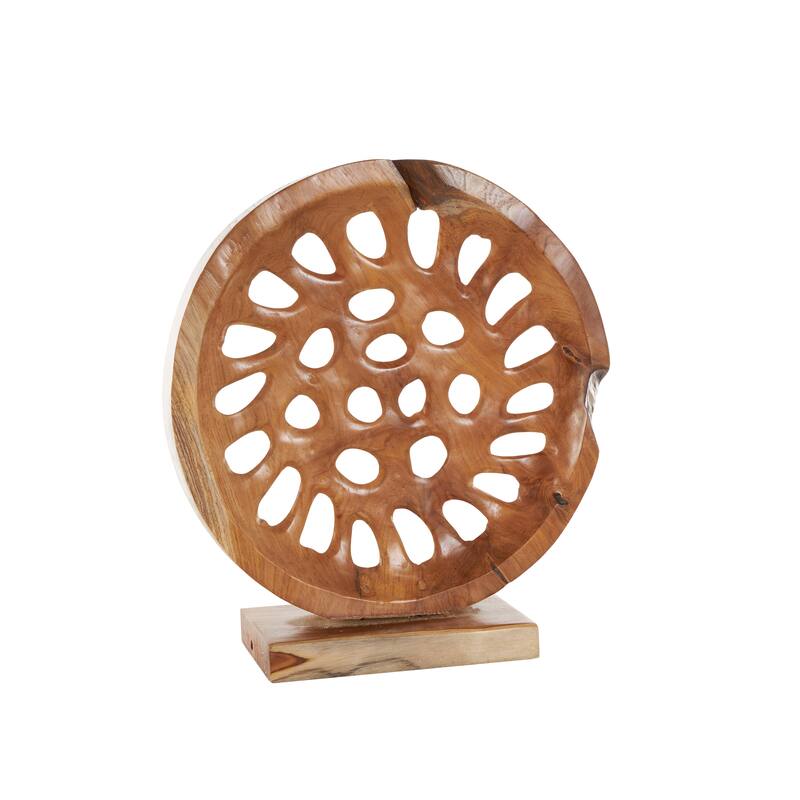Brown Teak Wood Handmade Circular Cutout Abstract Decorative Sculpture