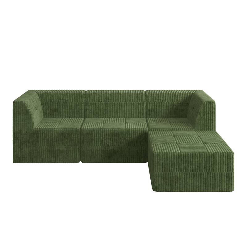 Minimalist Corduroy Upholstered Sectional Sofa with Chaise, Modular Compressed Sleeper Couch with Ottoman for Living Room