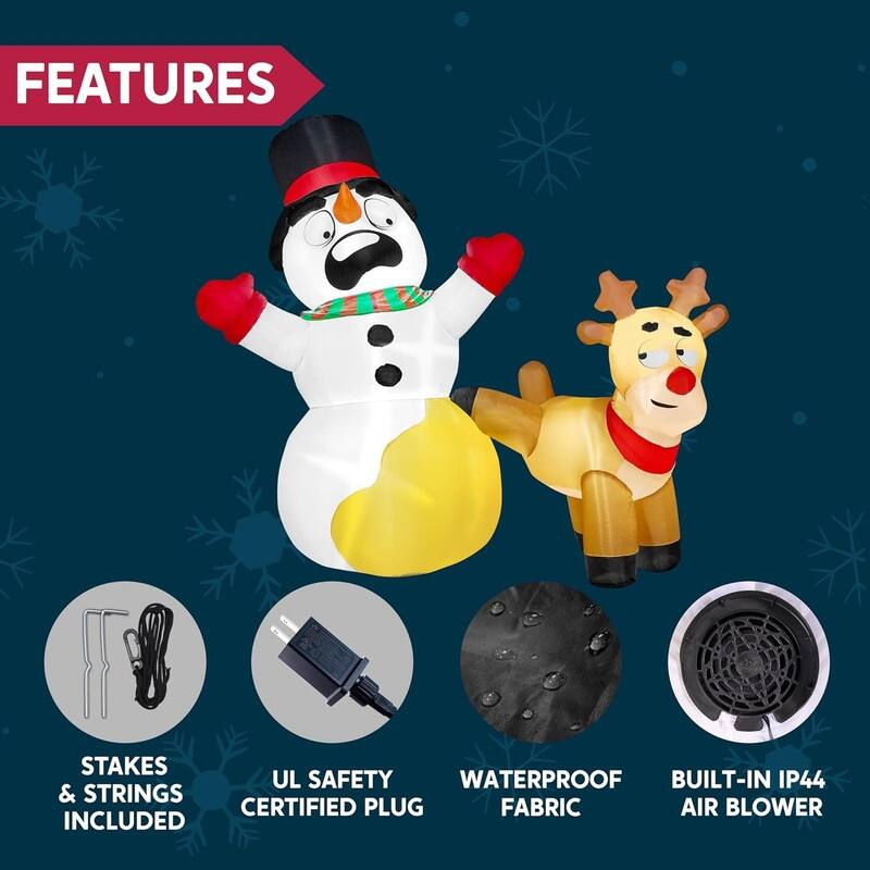 6.6 FT Long Christmas Inflatable Reindeer Peeing on Snowman, Blow Up Inflatables with Build-in LEDs - Multicolor