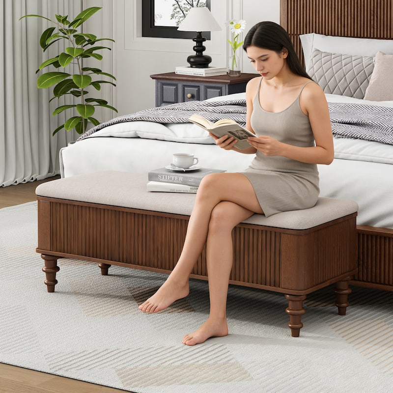 50.8" Multi-Functional Storage Ottoman Bench with Linen Seat, Solid Rubberwood Bed End Bench, Entryway Storage Bench