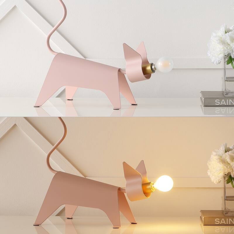 Gretchen 11.75" Modern Industrial Iron Feline LED Kids' Lamp, Pink by JONATHAN Y