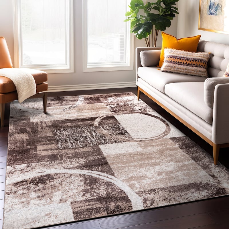 World Rug Gallery Abstract Polypropylene Machine-Made Circle Area Rug - 7' 10" x 10' 2" - Brown