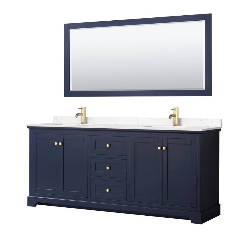 Wyndham Collection Avery 80" Free Standing Double Basin Vanity Set - Dark Blue / Carrara Cultured Marble Top / Brushed