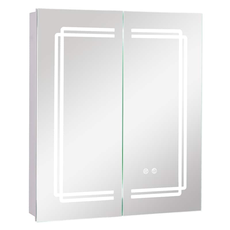 White Wall Mounted Mirror Medicine Cabinet with Lights Defog Function and Glass Shelves Power Outlets - 23.5" x 27.5" x 5"