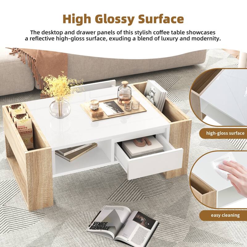 High Glossy Coffee Table with 2 Drawers