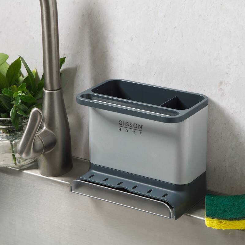 Gibson Home Ledgebrook Sink Caddy - Kitchen Organizer with Metal Panel, Sponge Holder, and Drain Board for Countertop Storage.