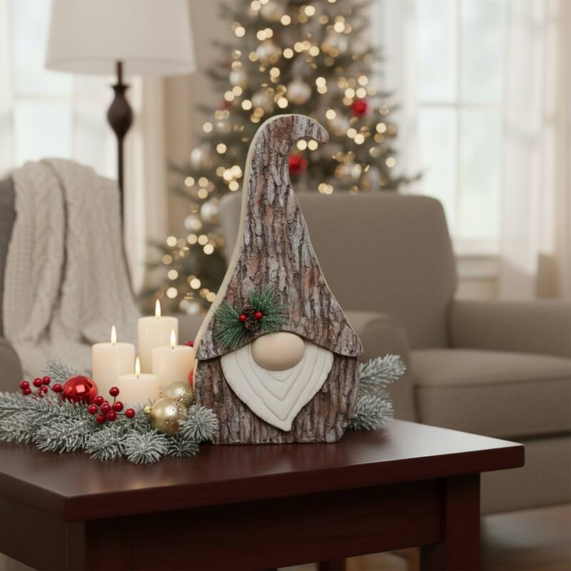 Faux Tree Bark Gnome with Holly Berry Christmas Figure - 16" - Brown and White