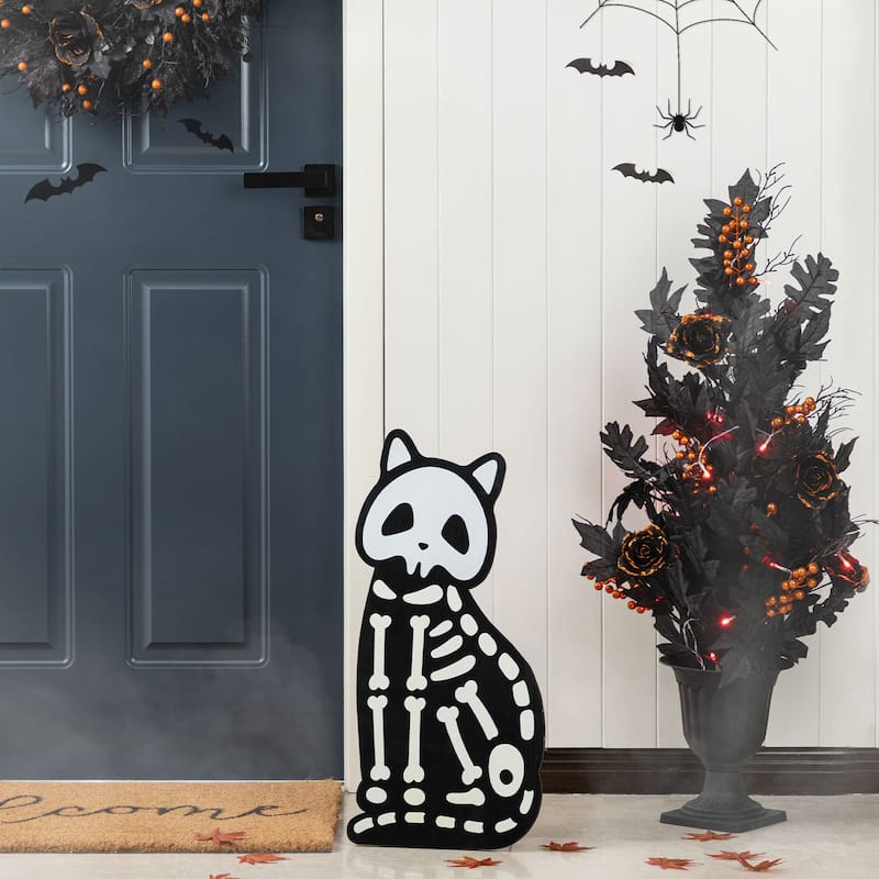 Glitzhome S/2 24"H & 36"H Halloween Wood Skeleton Cat and Stacked Pumpkin Porch Decor