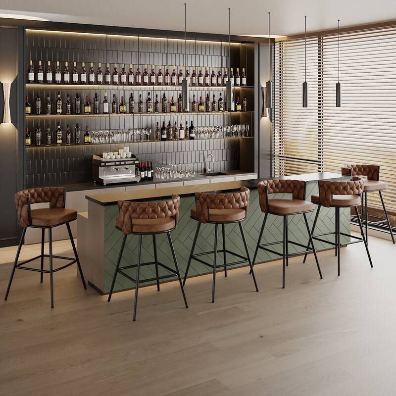 VECELO Counter Height Bar Stools with Woven Backrest 26.77" Seat Height Mid-Century Modern Upholstered Bar Chairs for Kitchen