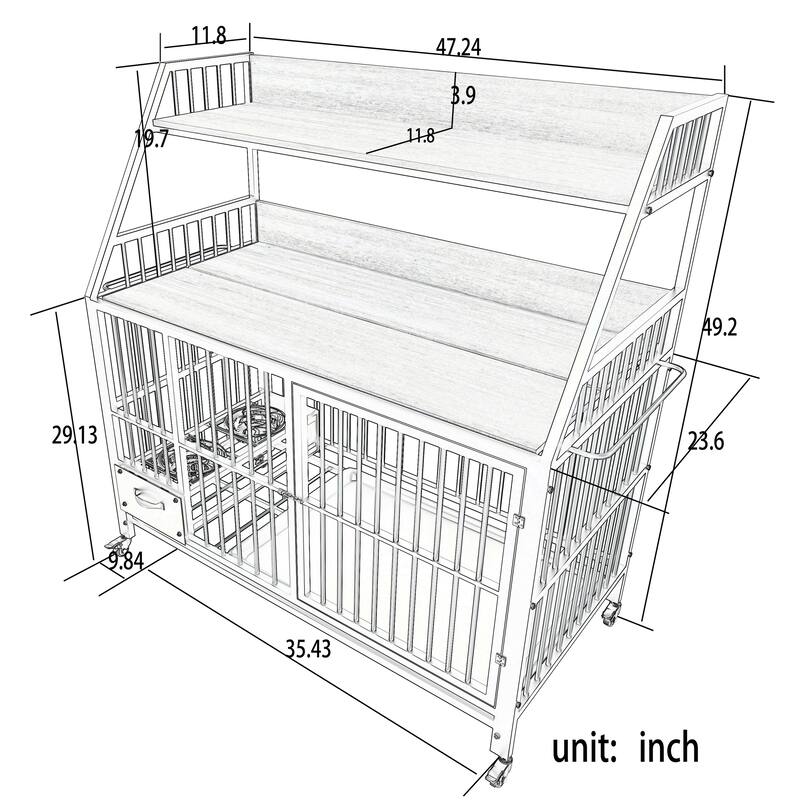 Large Pet Cage with Storage Rack, Drawers with Food and Water Basins, Double-Layer Storage Rack, Iron Frame and MDF Material