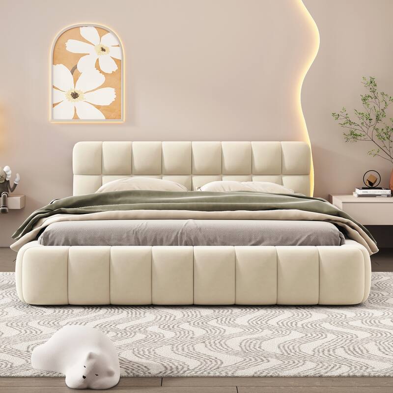 Queen Size Upholstered Platform Bed with Thick Fabric, Grounded Bed with Solid Frame - Beige