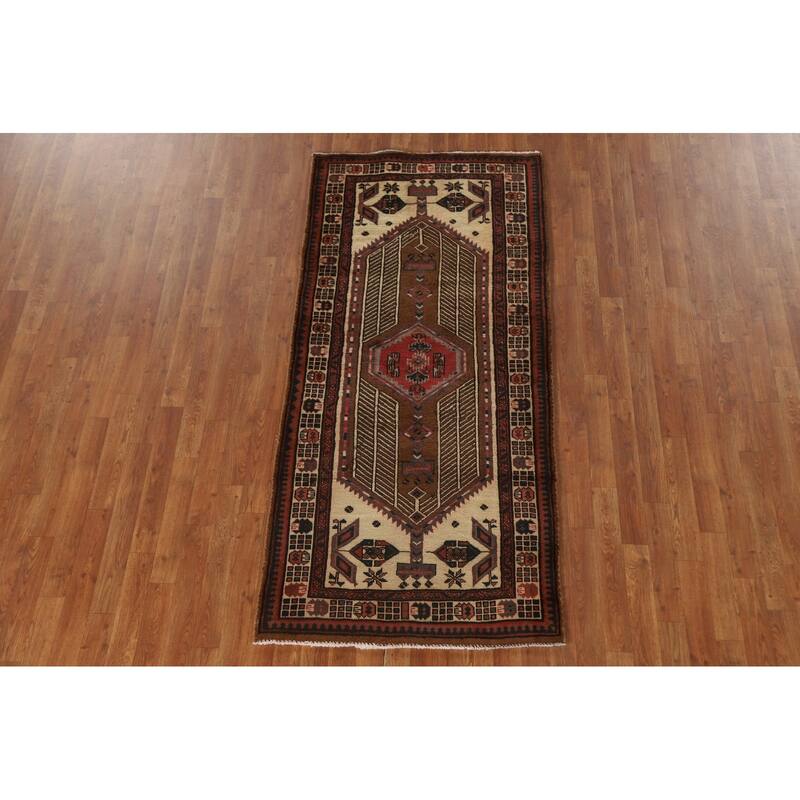 Brown Ardebil Persian Runner Rug Handmade Vintage Wool Carpet - 3'2"x 6'11"