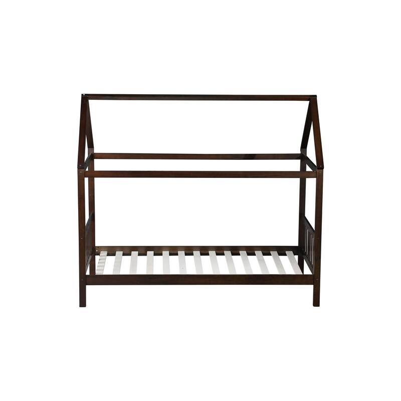 House-Shaped Twin Bed with Headboard & Footboard, Rubber Wood Frame in Espresso
