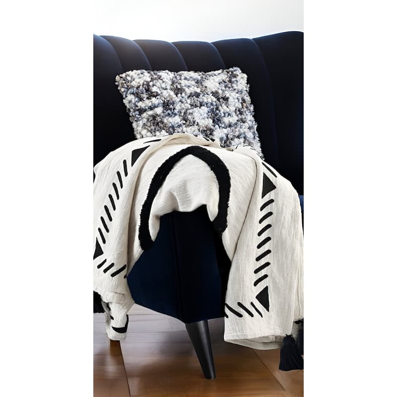 50" X 60" Black and White Woven Cotton Geometric Throw Blanket with Tassels - Throw