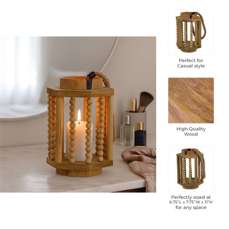 Wood Hurricane Lantern with Rope Handle - Brown, 11 in. - 11.0"