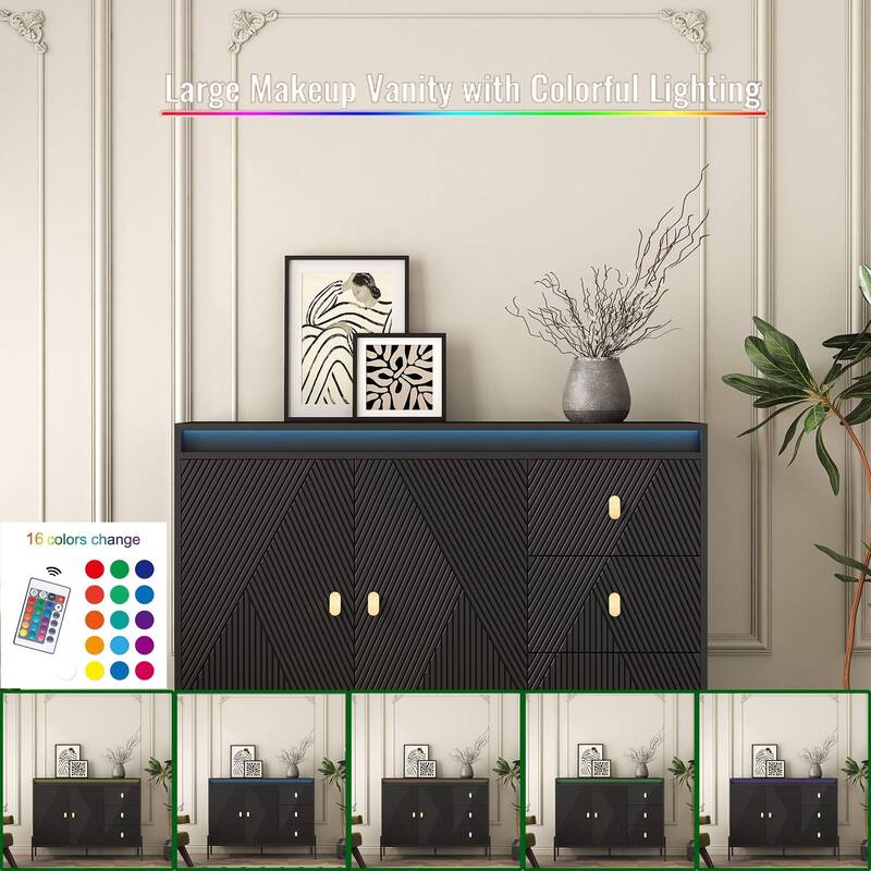 Fluted Sideboard Cabinet with LED Lights, 2 Doors & 3 Drawers, Black Buffet/Sideboard - 3 Doors + 3 Drawers