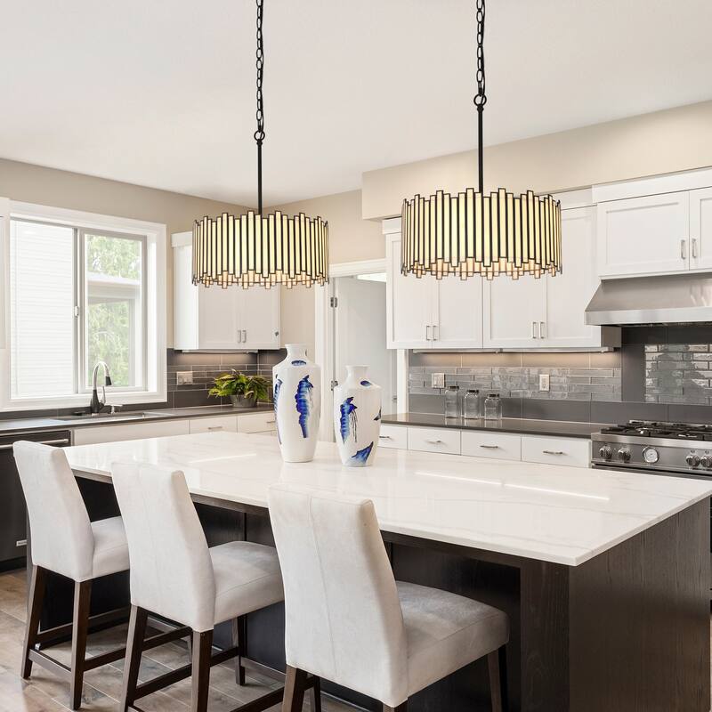 Tifany Modern Black 4-Light Drum Colored Glass Chandelier for Dining Room