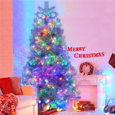 7.4FT Pre-Lit Artificial Christmas Tree, Hinged Full Tree with Metal Stand, 1200 Branch Tips, 400 LED Lights,11 Lighting Modes