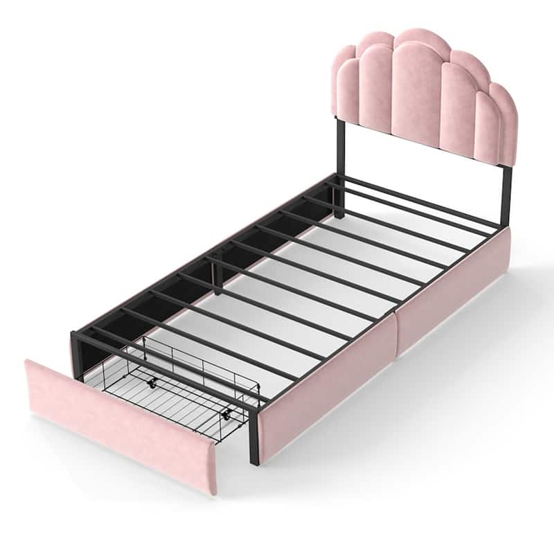 Velvet Upholstered Platform Bed with RGB LED Petal Headboard, Under Bed Storage Drawers Princess Bed Frame