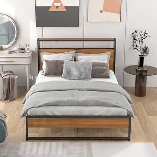 Metal Platform Bed Frame with Wood Headboard, Sockets & USB Ports ...