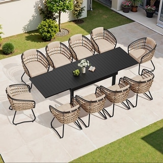 5/7/11-Piece Set Outdoor Aluminum Extendable Patio Dining Set Rectangle Table with Rattan Chairs