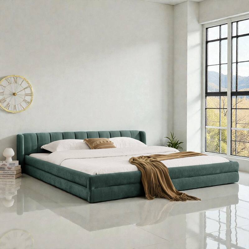 King Size Upholstered Platform Bed Frame with Chenille Fabric, Soft Headboard & Solid Grounded Design for Modern Bedrooms - Blue Green - King